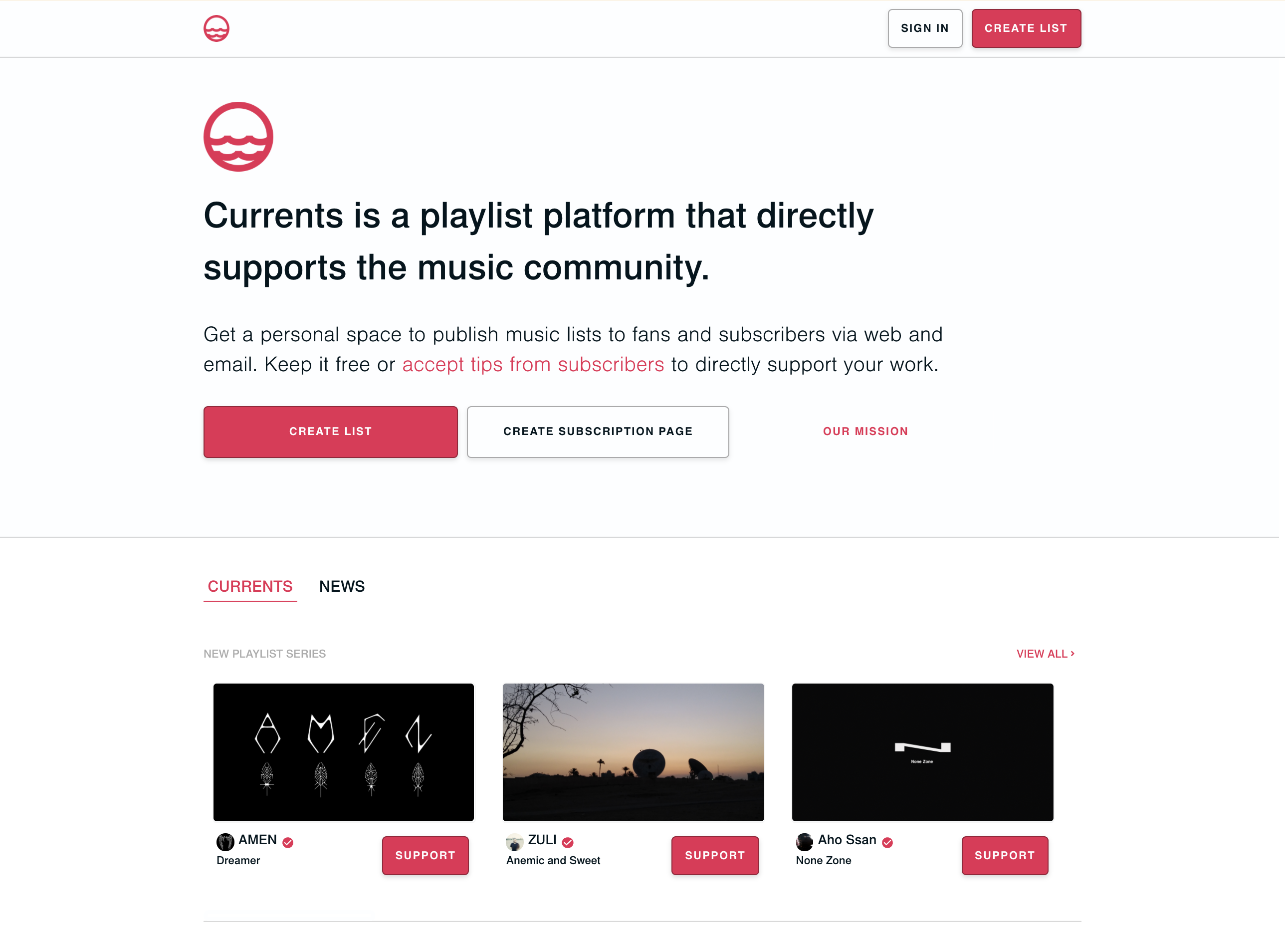 A partial screenshot from currents.fm homepage focused on the title and subtitle, which read ‘Currents is a playlist platform that directly supports the music community. Get a personal space to publish music lists to fans and subscribers via web and email. Keep it free or accept tips from subscribers to directly support your work.’