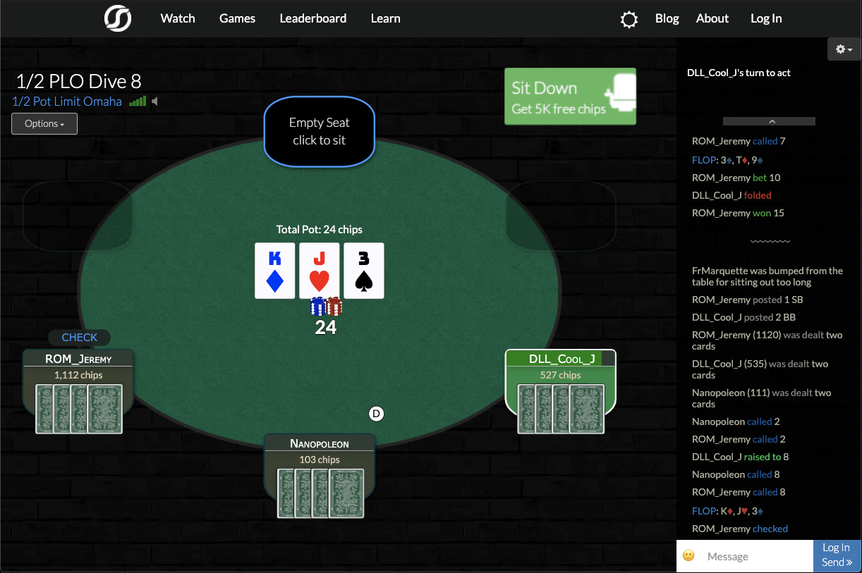 A hand of poker being played on OddSlingers. There are 3 players, Nanonapoleon, Rom Jeremy, and DLL cool J. The flop shows king of diamonds, jack of hearts, three of spades. There is $24 in the pot. The dealer button is on Nanonapoleon. Rom Jeremy just checked, DLL cool J is next to act.