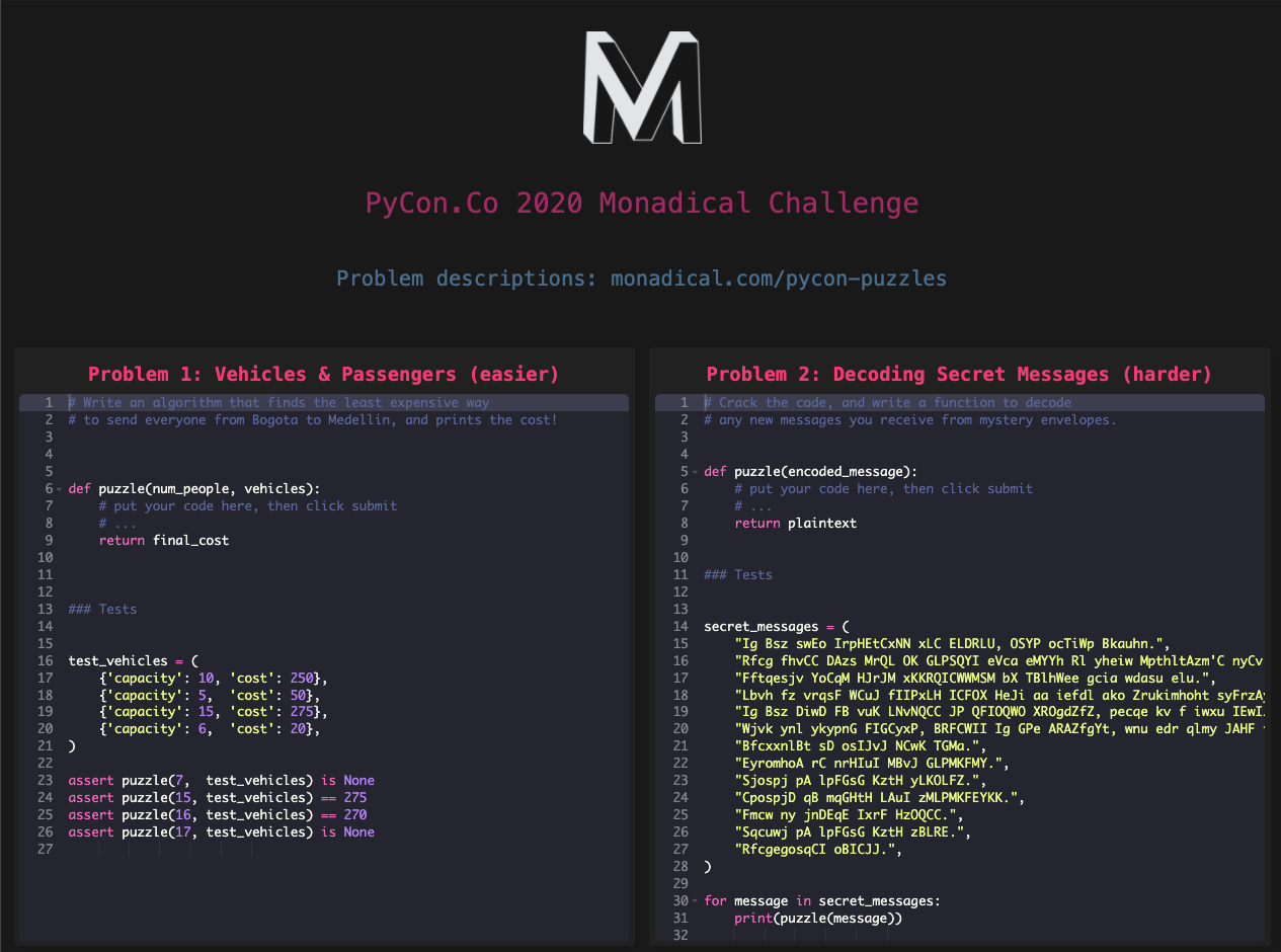 A screenshot from Monadical's 2020 PyCon.co coding challenge. Problem 1 involves sending vehicles and passengers from Bogotá to Medellin in the most efficient way possible. Problem 2 involves decoding secret messages.