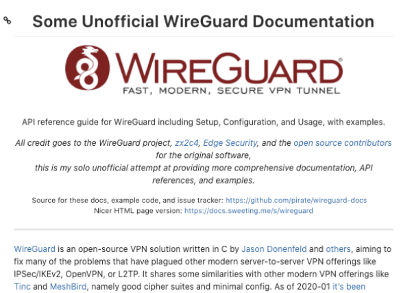 Screenshot of the unofficial WireGuard documentation header, which credits the contributors to the WireGuard project and introduces the document as an ‘unofficial attempt at providing more comprehensive documentation, API references, and examples’